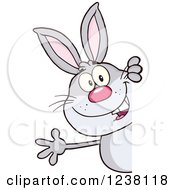 Clipart Of A Gray Rabbit Waving Around A Sign Royalty Free Vector Illustration