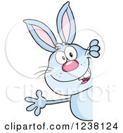 Clipart Of A Blue Rabbit Waving Around A Sign Royalty Free Vector Illustration