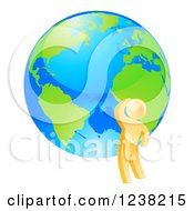 Poster, Art Print Of 3d Gold Man Thinking By An Earth Globe