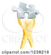 Poster, Art Print Of 3d Victorious Gold Man Holding Up A Silver Puzzle Piece