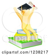 Poster, Art Print Of 3d Gold Person Graduate With A Diploma Cheering And Sitting On A Stack Of Books