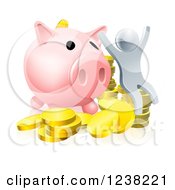 Poster, Art Print Of 3d Cheering Silver Man With Coins And A Giant Piggy Bank