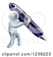 Clipart Of A 3d Silver Man Writing With A Giant Pen Royalty Free Vector Illustration by AtStockIllustration