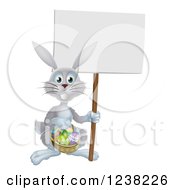 Poster, Art Print Of Gray Easter Bunny Holding A Sign And Basket