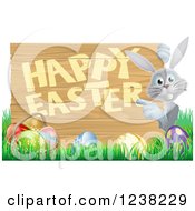 Clipart Of A Happy Easter Sign With A Rabbit Grass And Eggs Royalty Free Vector Illustration