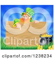 St Patricks Day Leprechaun Pointing Down To A Wooden Sign Over A Pot Of Gold Grass And Sky