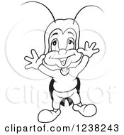 Clipart Of A Black And White Cricket Cheering Royalty Free Vector Illustration by dero