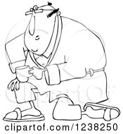 Clipart Of A Black And White Man Kneeling In A Robe Holding Coffee Royalty Free Vector Illustration