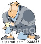White Man Kneeling In A Robe Holding Coffee