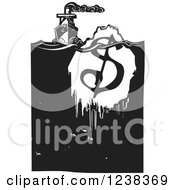Clipart Of A Woodcut Steam Ship With A Dollar Iceberg In Black And White Royalty Free Vector Illustration