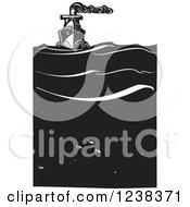 Poster, Art Print Of Woodcut Steam Ship Over Fish In The Ocean In Black And White