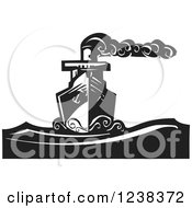 Poster, Art Print Of Woodcut Steam Ship On The Sea In Black And White