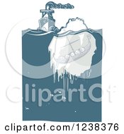 Poster, Art Print Of Woodcut Steam Ship Approaching A Viking Ship In An Iceberg