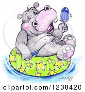Poster, Art Print Of Cute Sketched Hippo Holding A Popsicle And Floating In An Inner Tube