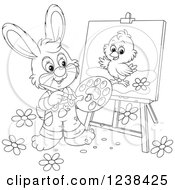 Clipart Of A Black And White Rabbit Painting A Chick On A Canvas Royalty Free Vector Illustration by Alex Bannykh
