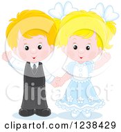 Clipart Of A Caucasian Wedding Or Easter Kid Couple Waving Royalty Free Vector Illustration by Alex Bannykh