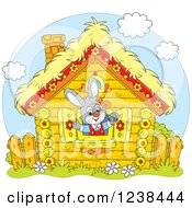 Gray Bunny Rabbit In A Log Cabin Window
