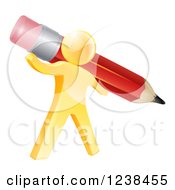 Clipart Of A 3d Gold Person Holding A Giant Red Pencil Royalty Free Vector Illustration