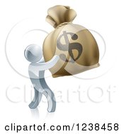 Poster, Art Print Of 3d Silver Man Holding Up A Large Dollar Money Bag