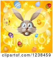 Clipart Of A Burst Of Rays Stars Eggs And A Gray Easter Bunny 2 Royalty Free Vector Illustration