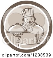 Retro Brown Woodcut Chef Holding Out A Cloche Platter In A Circle