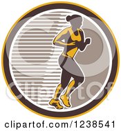 Retro Female Marathon Runner In A Brown White And Yellow Circle