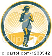 Clipart Of A Retro Female Marathon Runner In A Sunny Circle Royalty Free Vector Illustration