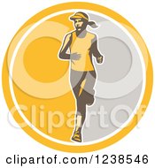 Retro Female Marathon Runner In A Yellow And Gray Circle
