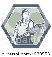Poster, Art Print Of Retro Plumber Holding A Monkey Wrench In A Hexagon