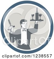 Poster, Art Print Of Retro Male Waiter Serving Wine In A Circle