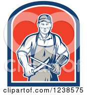 Poster, Art Print Of Retro Butcher Sharpening A Knife On A Shield