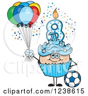Poster, Art Print Of Caucasian Blue Boys Eighth Birthday Cupcake With A Soccer Ball And Balloons