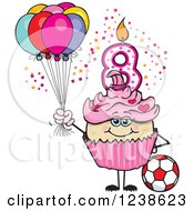 Clipart Of An Asian Pink Girls Eighth Birthday Cupcake With A Soccer Ball And Balloons Royalty Free Vector Illustration