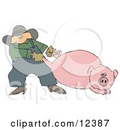 Poster, Art Print Of Male Farmer Pulling A Fat Pink Pig By The Hind Legs