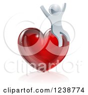 Poster, Art Print Of 3d Silver Man Cheering On A Red Heart