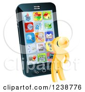 Clipart Of A 3d Thinking Gold Man Looking Over Apps On A Cell Phone Royalty Free Vector Illustration