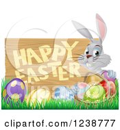 Clipart Of A Wood Happy Easter Sign With A Rabbit Grass And Eggs Royalty Free Vector Illustration