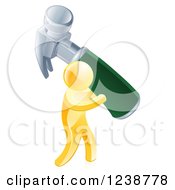 Clipart Of A 3d Gold Man Carrying A Giant Hammer Royalty Free Vector Illustration