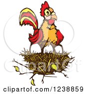 Rooster Resting On Eggs In A Nest