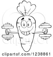 Clipart Of A Black And White Happy Carrot Working Out With Dumbbells Royalty Free Vector Illustration