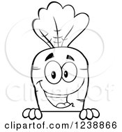 Clipart Of A Black And White Happy Carrot Over A Sign Royalty Free Vector Illustration
