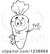 Clipart Of A Black And White Happy Carrot Waving Royalty Free Vector Illustration