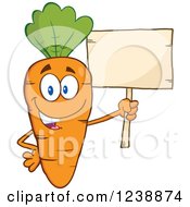 Happy Orange Carrot Holding A Blank Wooden Sign