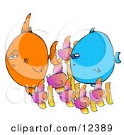 Small Fish Schooling Around Two Big Fishies Clipart Picture