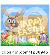Clipart Of A Happy Easter Sign With A Brown Rabbit And Eggs Against Blue Sky Royalty Free Vector Illustration