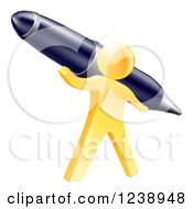 Clipart Of A 3d Gold Man Holding A Giant Pen Royalty Free Vector Illustration
