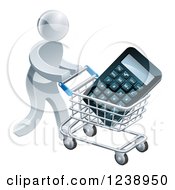 Poster, Art Print Of 3d Silver Man Pushing A Calculator In A Shopping Cart