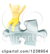 Clipart Of A 3d Gold Man Cheering On A Silver Solution Puzzle Piece Royalty Free Vector Illustration