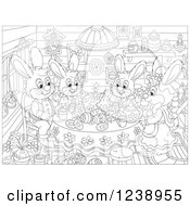 Poster, Art Print Of Black And White Rabbit Family Having Cake In A Cabin On Easter