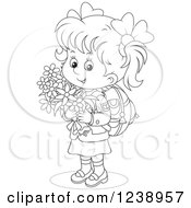 Clipart Of A Black And White School Girl Carrying Flowers Royalty Free Vector Illustration